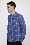 Tudors Slim Fit Uzun Kol Düğmeli Yaka Pamuklu Ekose Spor Erkek Sax Mavi Gömlek