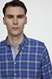 Tudors Slim Fit Uzun Kol Düğmeli Yaka Pamuklu Ekose Spor Erkek Sax Mavi Gömlek