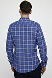 Tudors Slim Fit Uzun Kol Düğmeli Yaka Pamuklu Ekose Spor Erkek Sax Mavi Gömlek