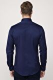 Slim Fit Likralı Düz Pamuk Saten Erkek Lacivert Gömlek