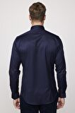 Slim Fit Likralı Düz Pamuk Saten Lacivert Erkek Gömlek