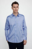 Erkek Regular Fit Klasik Kesim %100 Pamuk Saten Tek Cepli Mavi Gömlek