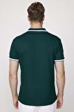 Erkek Polo Yaka Slim Fit Yaka Ve Kol Şeritli Yeşil Pike Tişört