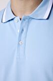 Erkek Polo Yaka Slim Fit Yaka Ve Kol Şeritli Pike Mavi Tişört