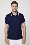 Erkek Polo Yaka Slim Fit Yaka Ve Kol Şeritli Pike Lacivert Tişört