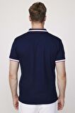 Erkek Polo Yaka Slim Fit Yaka Ve Kol Şeritli Pike Lacivert Tişört