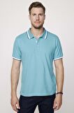 Erkek Polo Yaka Slim Fit Yaka Ve Kol Şeritli Pike Turkuaz Tişört