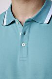 Erkek Polo Yaka Slim Fit Yaka Ve Kol Şeritli Pike Turkuaz Tişört