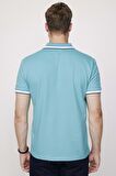 Erkek Polo Yaka Slim Fit Yaka Ve Kol Şeritli Pike Turkuaz Tişört