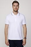 Erkek Polo Yaka Slim Fit Yaka ve Kol Şeritli Pike Beyaz Tişört