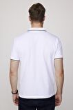 Erkek Polo Yaka Slim Fit Yaka ve Kol Şeritli Pike Beyaz Tişört
