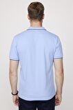 Erkek Polo Yaka Slim Fit Yaka ve Kol Şeritli Pike Mavi Tişört
