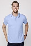 Erkek Polo Yaka Slim Fit Yaka ve Kol Şeritli Pike Mavi Tişört