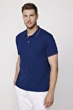 Erkek Polo Yaka Slim Fit Yaka ve Kol Şeritli Pike Lacivert Tişört