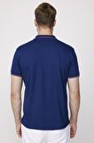 Erkek Polo Yaka Slim Fit Yaka ve Kol Şeritli Pike Lacivert Tişört