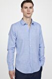 Tudors Slim Fit Uzun Kol Keten Efekt Düz Biyeli Mavi Gömlek