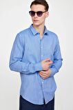 Erkek Slim Fit Dar Kesim Uzun Kollu %100 Pamuk Keten Doku Düz Biyeli Mavi Gömlek