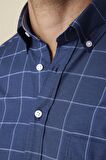 Klasik Fit Düğmeli Yaka Küçük Kareli Pamuklu Erkek Lacivert Gömlek