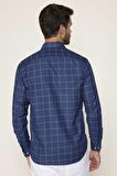 Klasik Fit Düğmeli Yaka Küçük Kareli Pamuklu Erkek Lacivert Gömlek