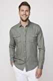 Slim Fit Uzun Kol Kot Çift Cep Çıtçıtlı Denim Erkek Haki Gömlek