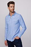 Erkek Slim Fit Dar Kesim Uzun Kollu %100 Pamuk Keten Doku Çift Cep Biyeli Mavi Gömlek