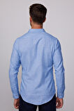 Erkek Slim Fit Dar Kesim Uzun Kollu %100 Pamuk Keten Doku Çift Cep Biyeli Mavi Gömlek