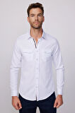 Erkek Slim Fit Dar Kesim Uzun Kollu %100 Pamuk Keten Doku Çift Cep Biyeli Beyaz Gömlek