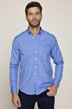Klasik Fit Düğmeli Yaka Küçük Kareli Pamuklu Erkek Mavi Gömlek