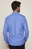 Klasik Fit Düğmeli Yaka Küçük Kareli Pamuklu Erkek Mavi Gömlek