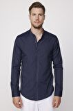 Slim Fit Hakim Yaka Pamuklu Kolay Ütü Çizgili Lacivert Erkek Gömlek