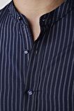 Slim Fit Hakim Yaka Pamuklu Kolay Ütü Çizgili Lacivert Erkek Gömlek