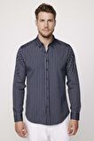 Slim Fit Pamuklu Kolay Ütü Çizgili Lacivert Erkek Gömlek