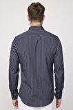 Slim Fit Pamuklu Kolay Ütü Çizgili Lacivert Erkek Gömlek