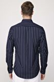 Slim Fit Pamuklu Kolay Ütü Çizgili Lacivert Erkek Gömlek