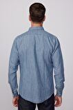 Slim Fit Dar Kesim Tek Cep Kapaklı Pamuklu Mavi Denim Gömlek