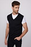 Slim Fit Dar Kesim V Yaka Kendinden Desenli Siyah Erkek Süveter