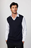 Slim Fit Dar Kesim V Yaka Kendinden Desenli Lacivert Erkek Süveter