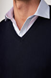 Slim Fit Dar Kesim V Yaka Kendinden Desenli Lacivert Erkek Süveter