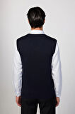 Slim Fit Dar Kesim V Yaka Kendinden Desenli Lacivert Erkek Süveter