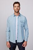 Slim Fit Uzun Kol Çıt Çıtlı Tek Cep Kapaklı Denim Mavi Erkek Gömlek