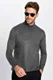 Erkek Slim Fit Dar Kesim Yumuşak Dokulu Tüylenmeyen Gri Tam Balıkçı Yaka Triko Kazak