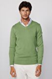 Slim Fit V Yaka Pamuklu Yeşil Erkek Kazak