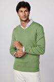 Slim Fit V Yaka Pamuklu Yeşil Erkek Kazak