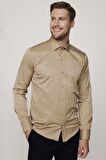 Modern Slim Fit Düz Saten Pamuklu Erkek Krem Gömlek