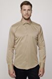 Modern Slim Fit Düz Saten Pamuklu Erkek Krem Gömlek