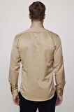 Modern Slim Fit Düz Saten Pamuklu Erkek Krem Gömlek