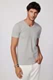 Slim Fit V Yaka Düz Basıc Kısa Kol Gri T-Shirt