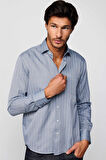 Erkek Regular Fit Klasik Kesim Tek Cepli Çizgili Gri İtalyan Yaka Gömlek