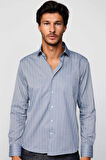 Erkek Regular Fit Klasik Kesim Tek Cepli Çizgili Gri İtalyan Yaka Gömlek