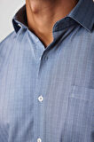 Erkek Regular Fit Klasik Kesim Tek Cepli Çizgili Gri İtalyan Yaka Gömlek